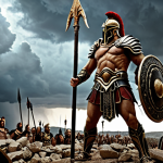 **

Ares, god of war, standing triumphantly on a battlefield littered with broken weapons and defeated enemies. He is clad in ornate Greek armor, holding a spear aloft. The scene is epic and dramatic, with stormy skies and a sense of impending victory. Focus on the power and intensity of Ares.

**
