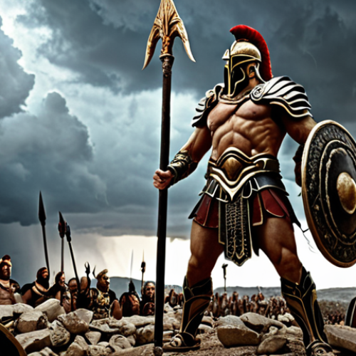 **

Ares, god of war, standing triumphantly on a battlefield littered with broken weapons and defeated enemies. He is clad in ornate Greek armor, holding a spear aloft. The scene is epic and dramatic, with stormy skies and a sense of impending victory. Focus on the power and intensity of Ares.

**