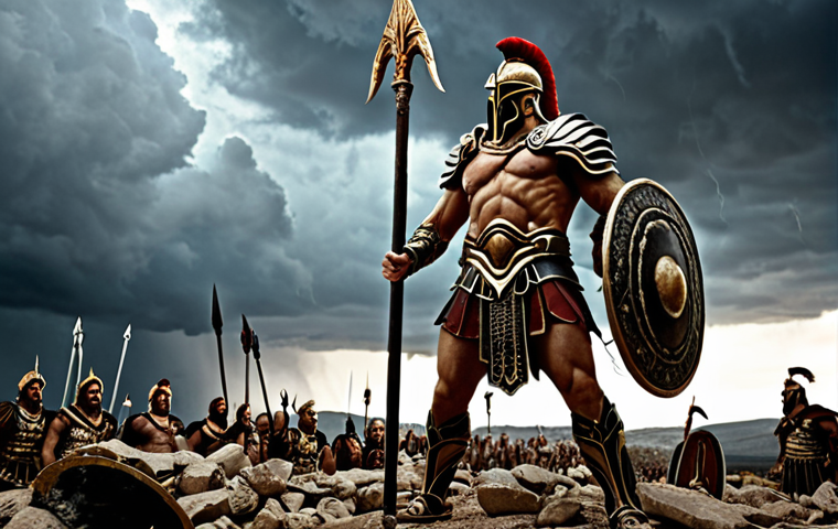 **
Ares, god of war, standing triumphantly on a battlefield littered with broken weapons and defeated enemies. He is clad in ornate Greek armor, holding a spear aloft. The scene is epic and dramatic, with stormy skies and a sense of impending victory. Focus on the power and intensity of Ares.
**